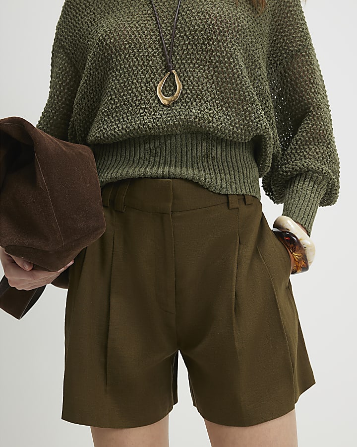 Khaki Linen Blend Tailored Shorts