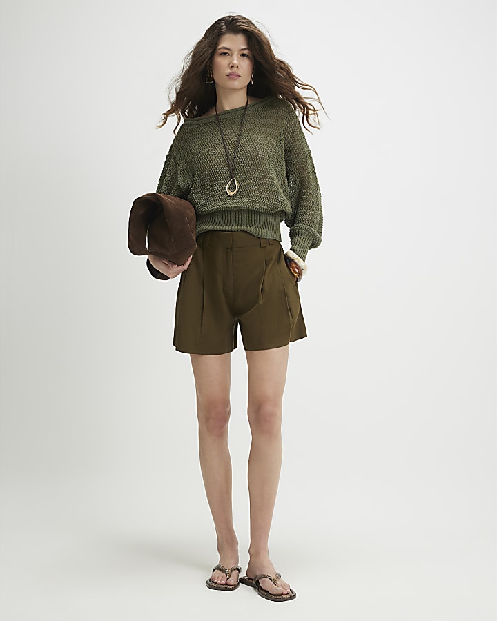 Khaki Linen Blend Tailored Shorts