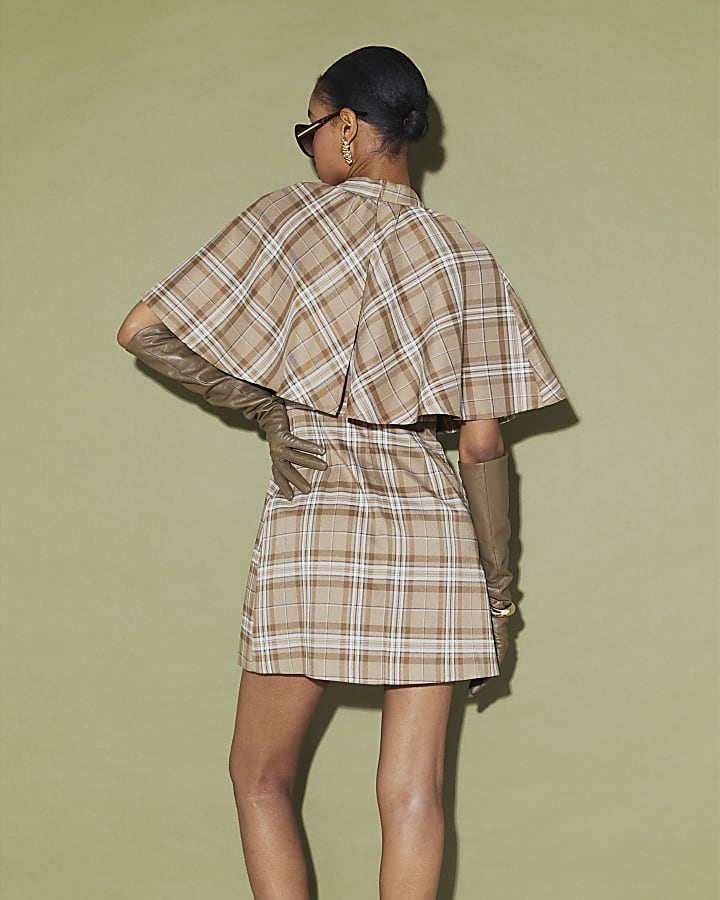 Beige Checked Cape Detail Mini Dress
