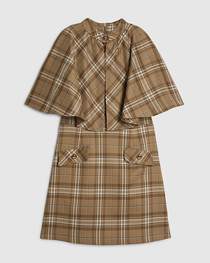 Beige Checked Cape Detail Mini Dress