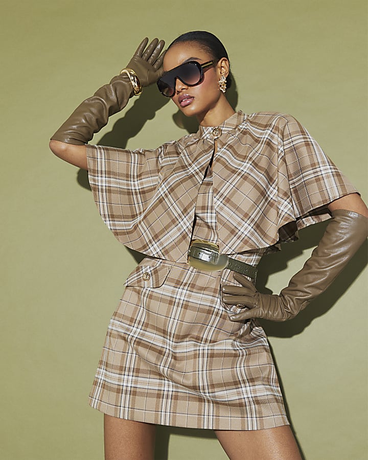 Beige Checked Cape Detail Mini Dress