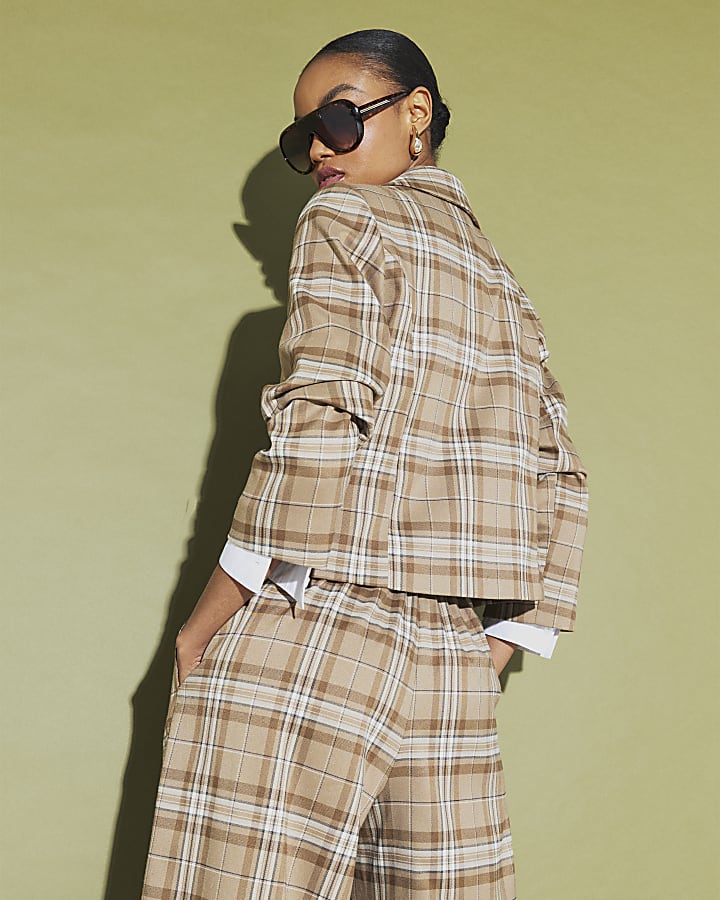 Beige Checked Pocket Detail Jacket