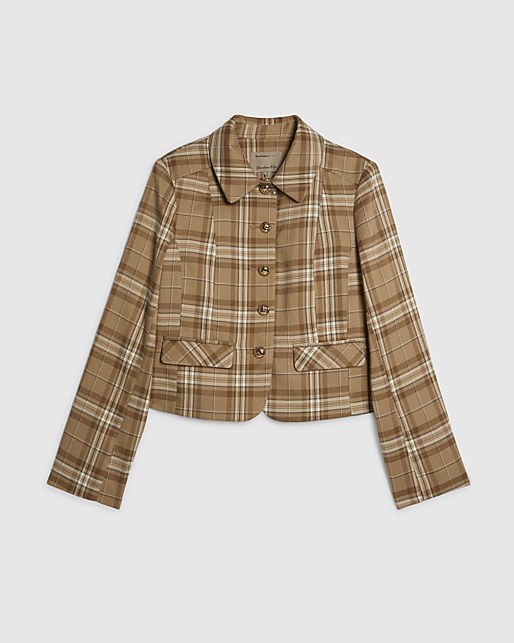 Beige Checked Pocket Detail Jacket