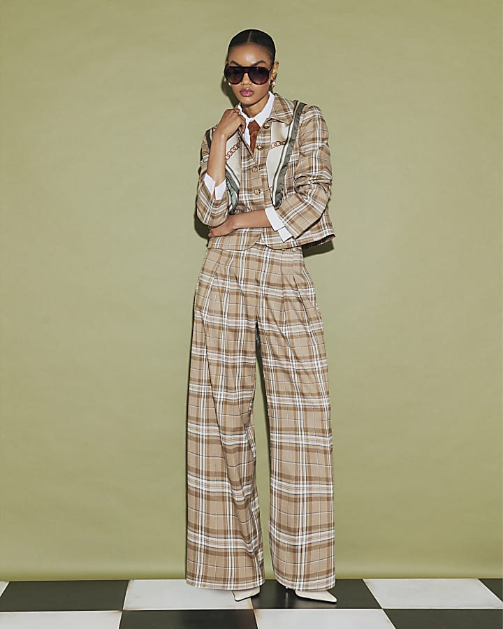 Beige Checked Pocket Detail Jacket