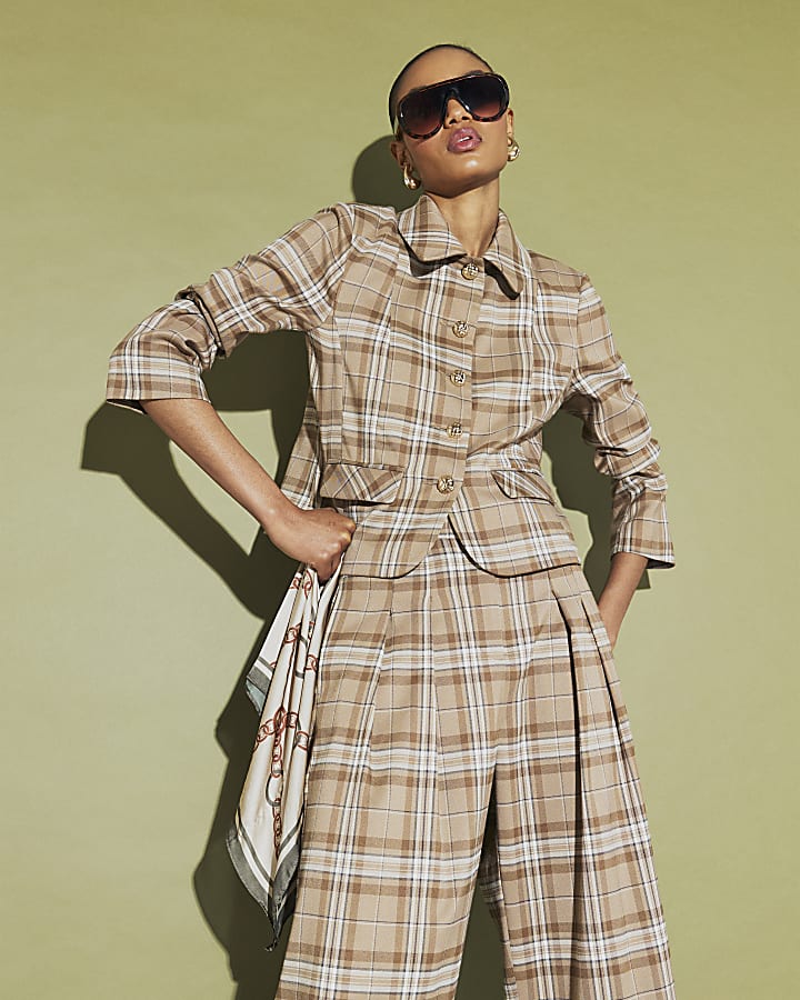 Beige Checked Pocket Detail Jacket