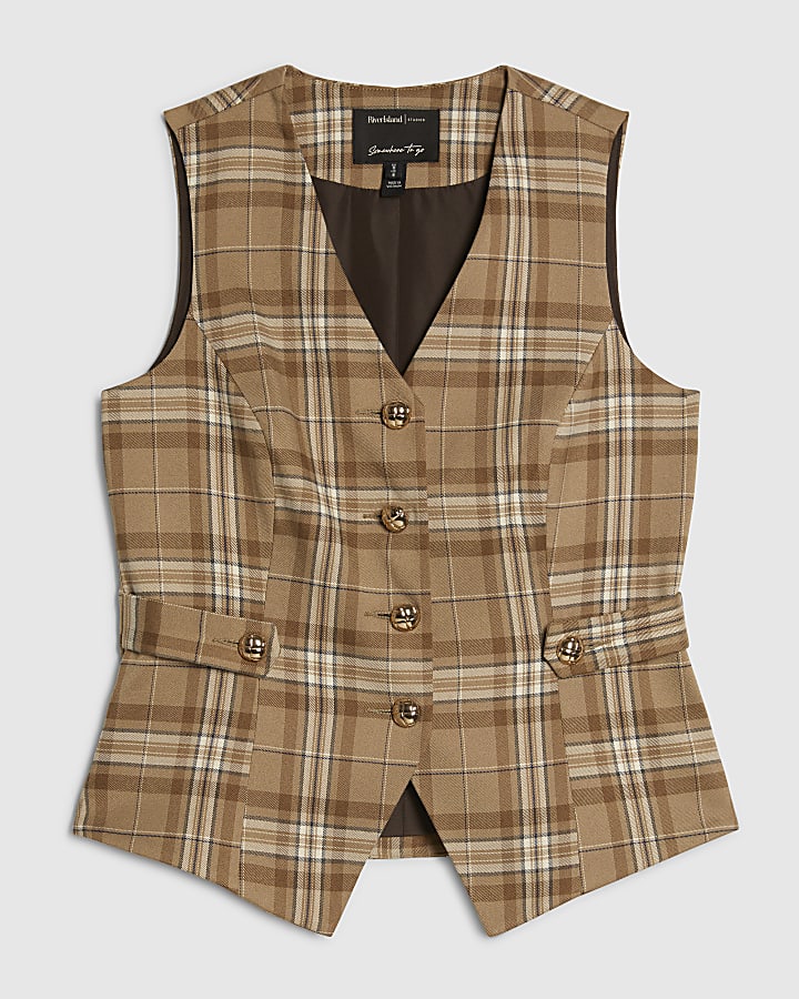 Beige Checked Cinched Waist Waistcoat