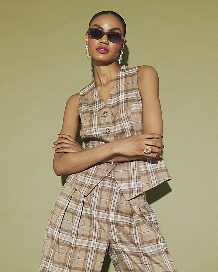 Beige Checked Cinched Waist Waistcoat