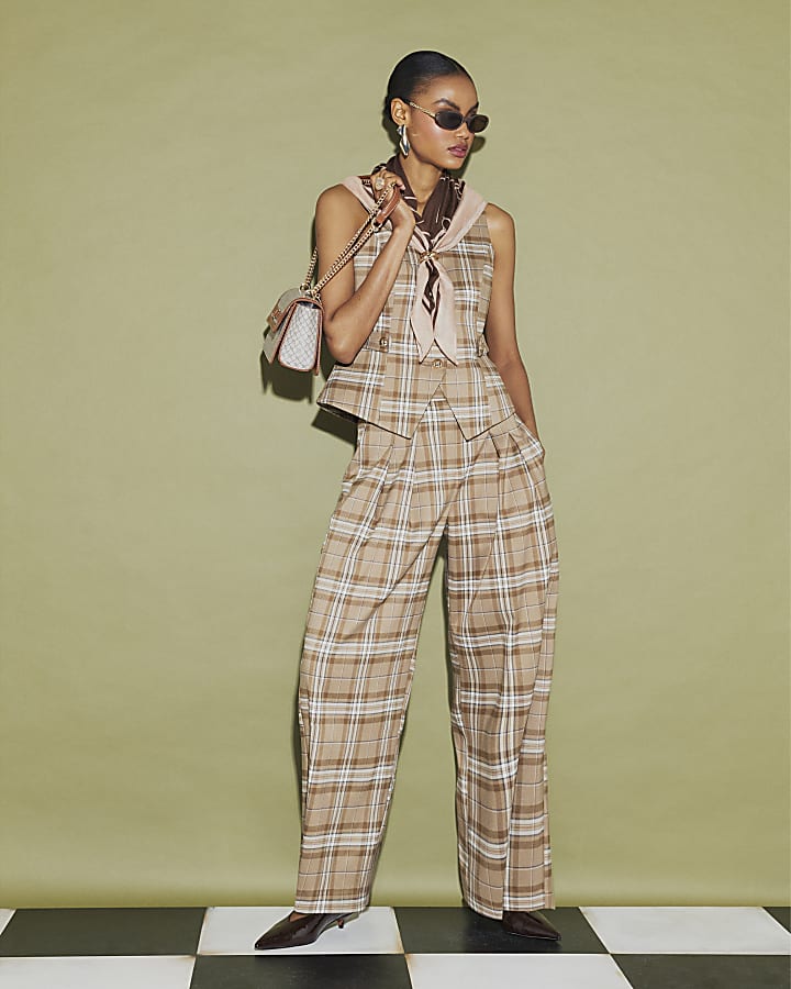 Beige Checked Cinched Waist Waistcoat