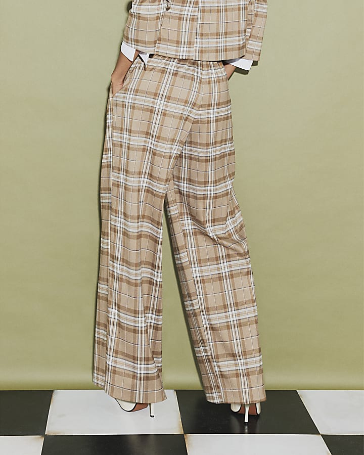 Beige Check Pleated Wide Leg Trousers