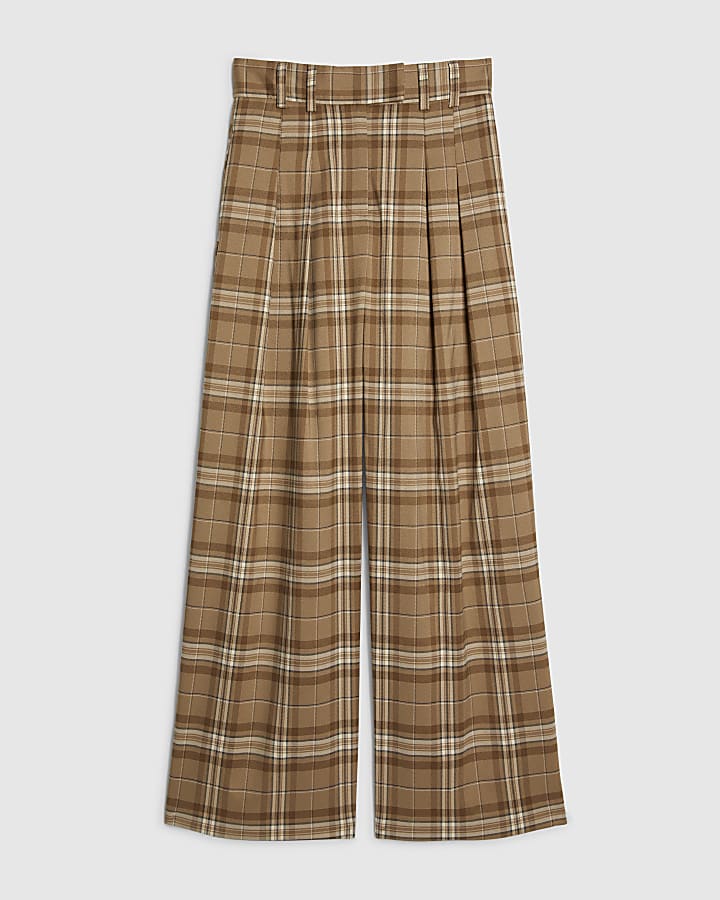 Beige Check Pleated Wide Leg Trousers