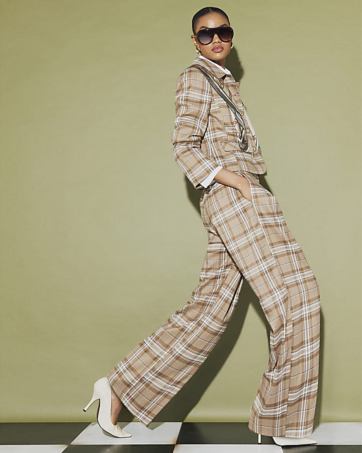 Beige Check Pleated Wide Leg Trousers