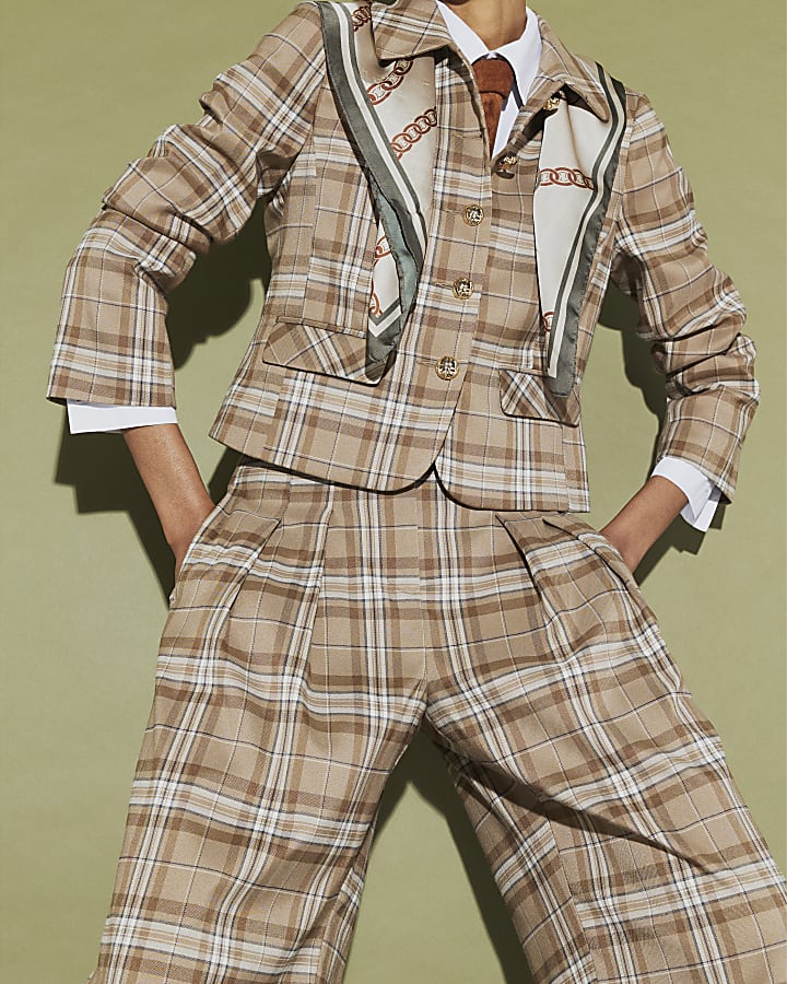 Beige Check Pleated Wide Leg Trousers