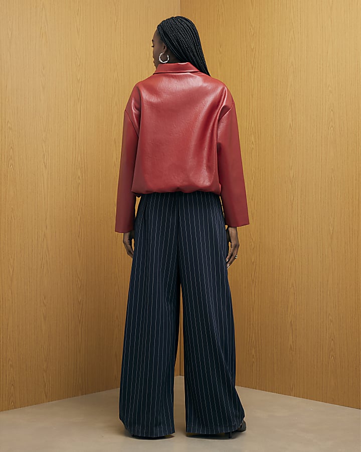 Navy Stripe Deep Pleated Wide Leg Trousers