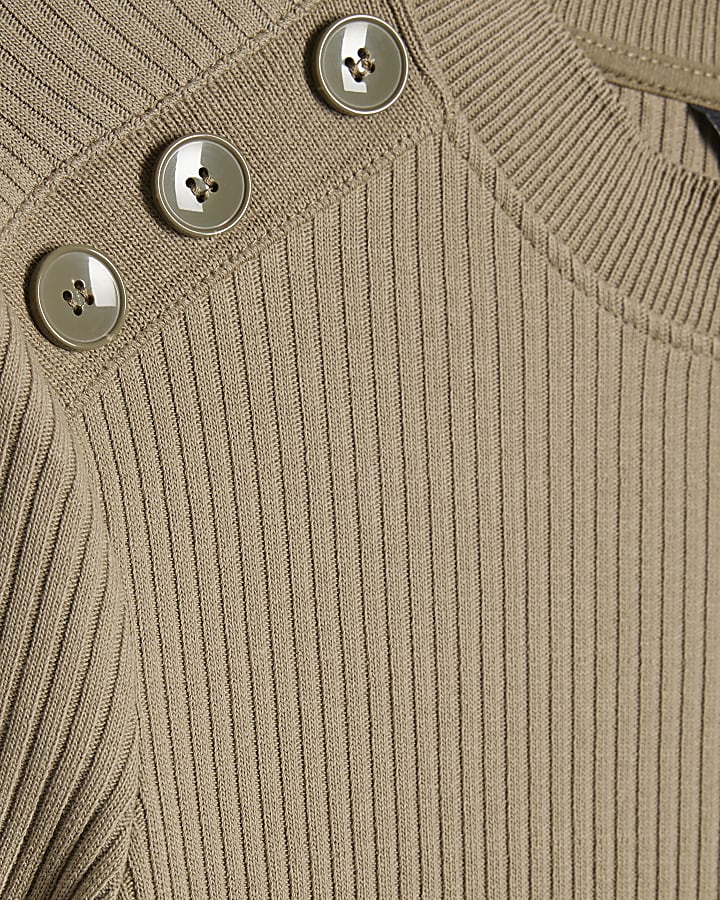 Khaki Button Shoulder Rib Top