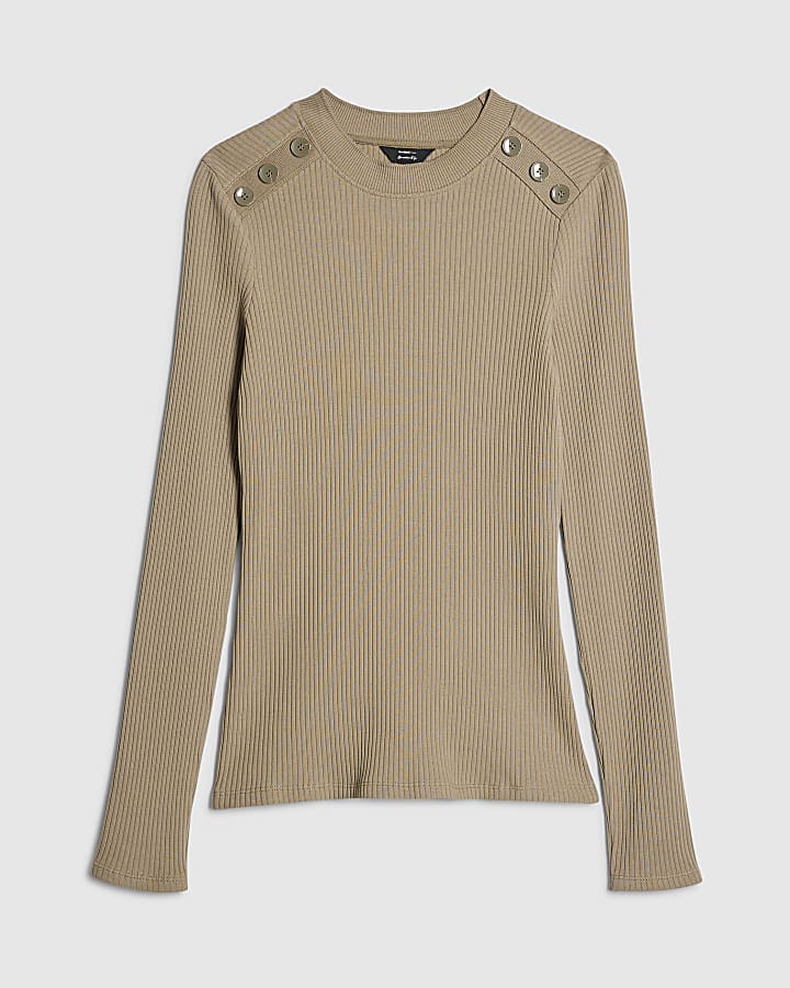 Khaki Button Shoulder Rib Top