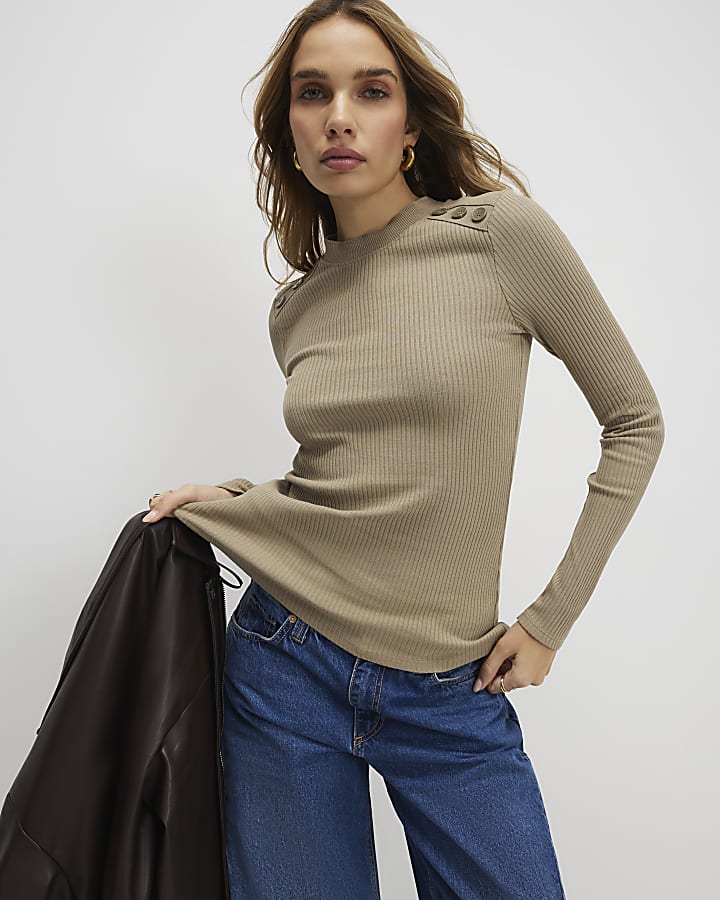 Khaki Button Shoulder Rib Top