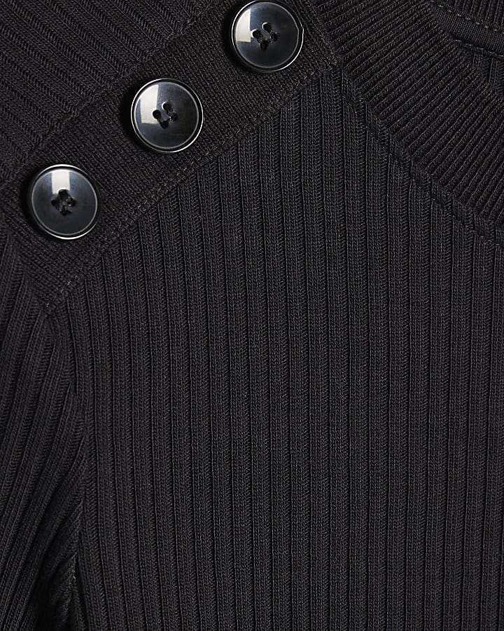 Black Button Shoulder Rib Top