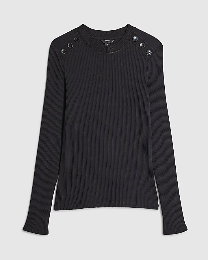 Black Button Shoulder Rib Top