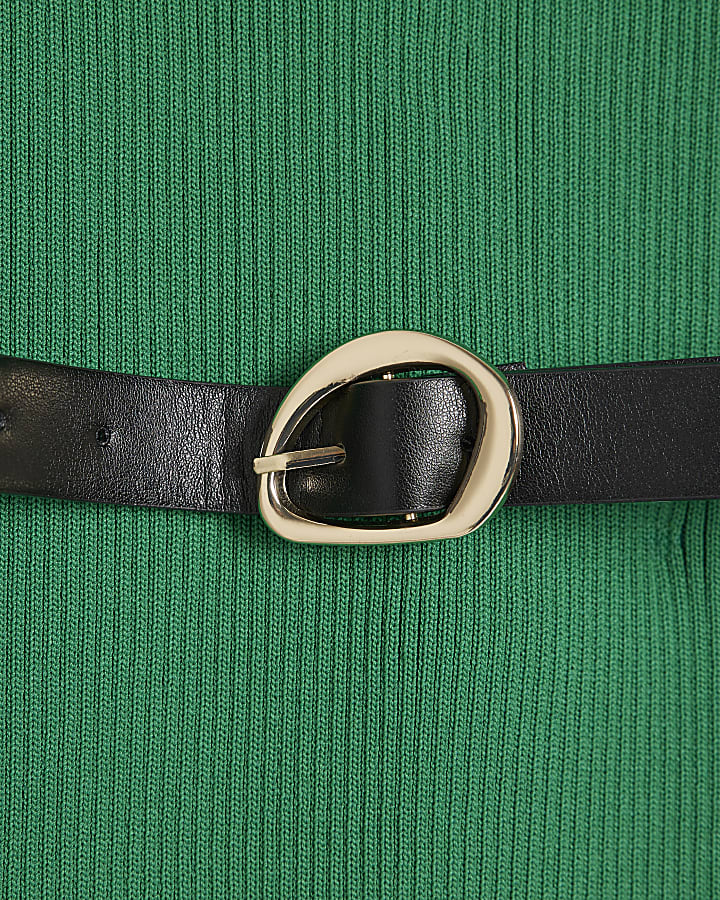 Green Knit Belted Ribbed Midi Dress