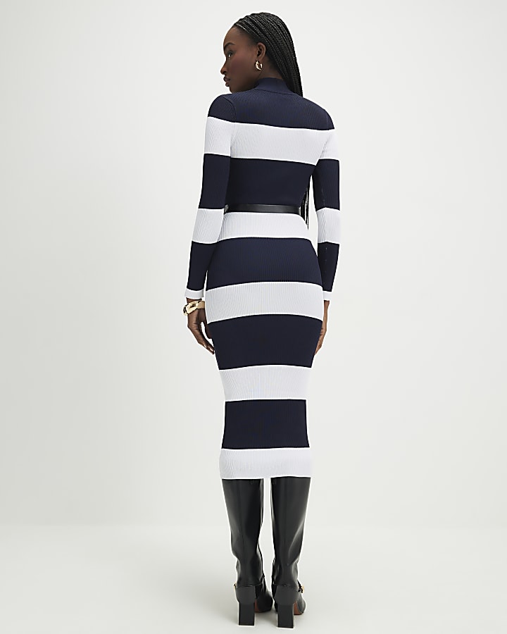 Navy Belted Stripe Midi Dress