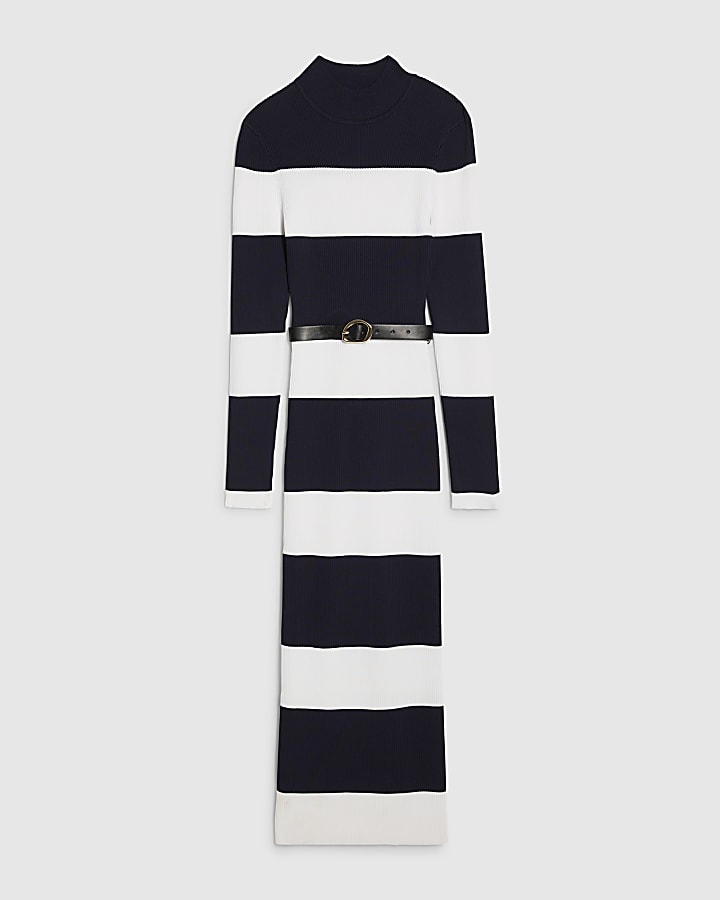 Navy Belted Stripe Midi Dress