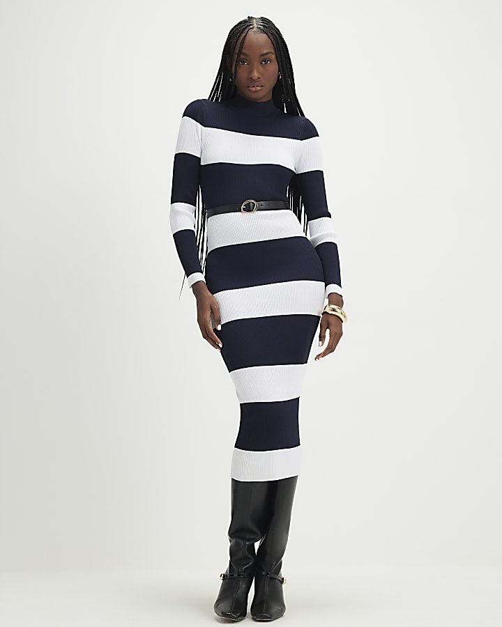 Navy Belted Stripe Midi Dress