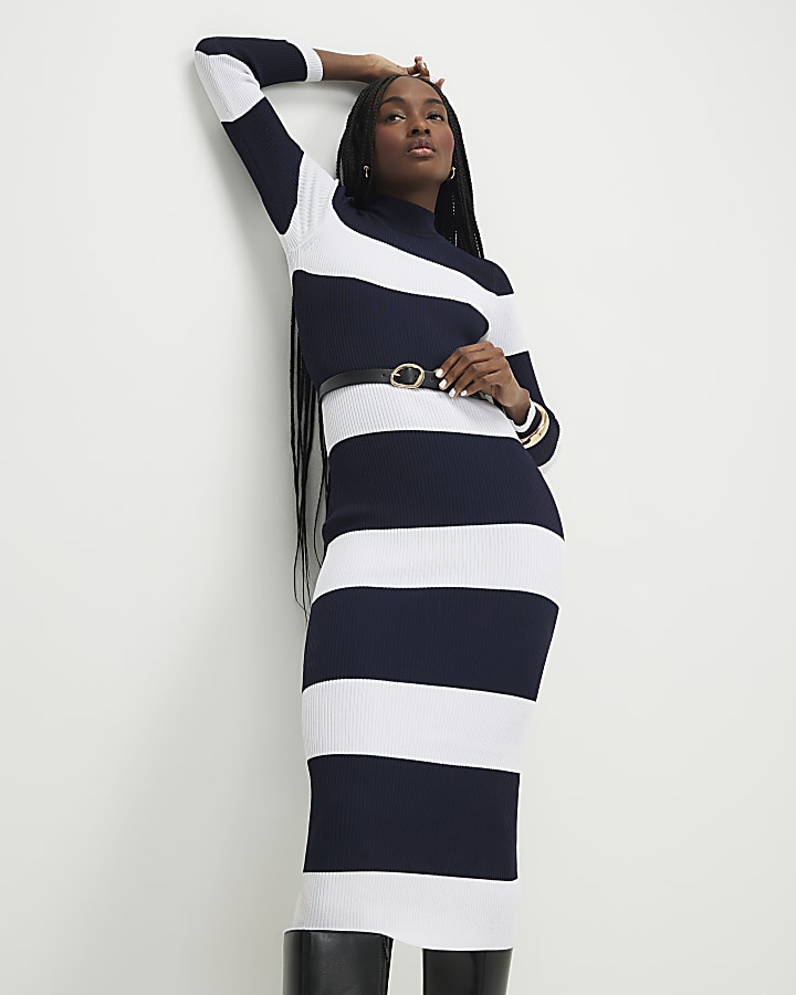 Navy Belted Stripe Midi Dress