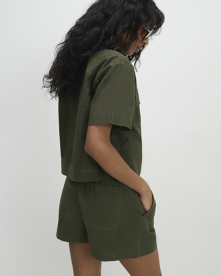 Green Linen Blend Pull On Short