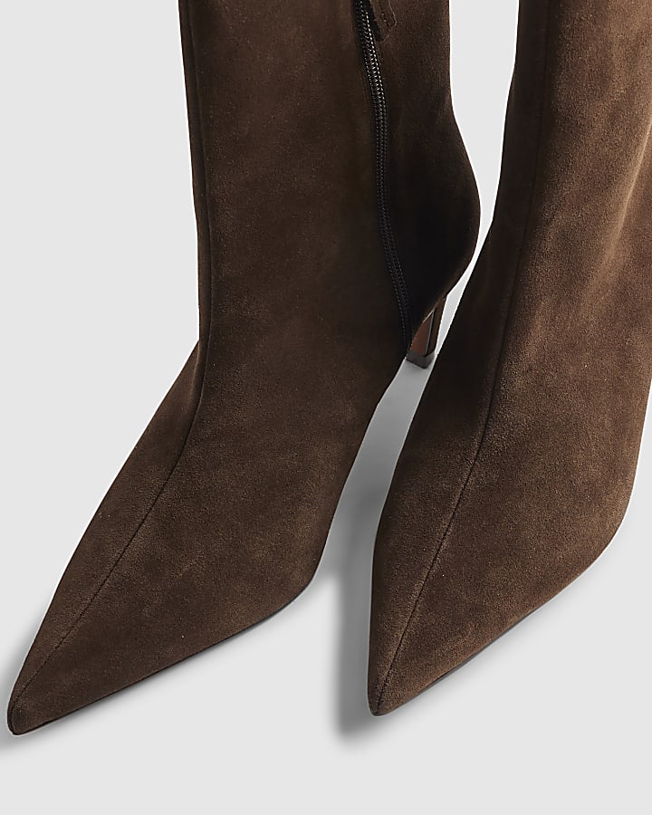 Brown Suede Pointed Heel Boots