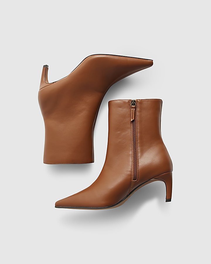 Brown Point Toe Kitten Heel Boots
