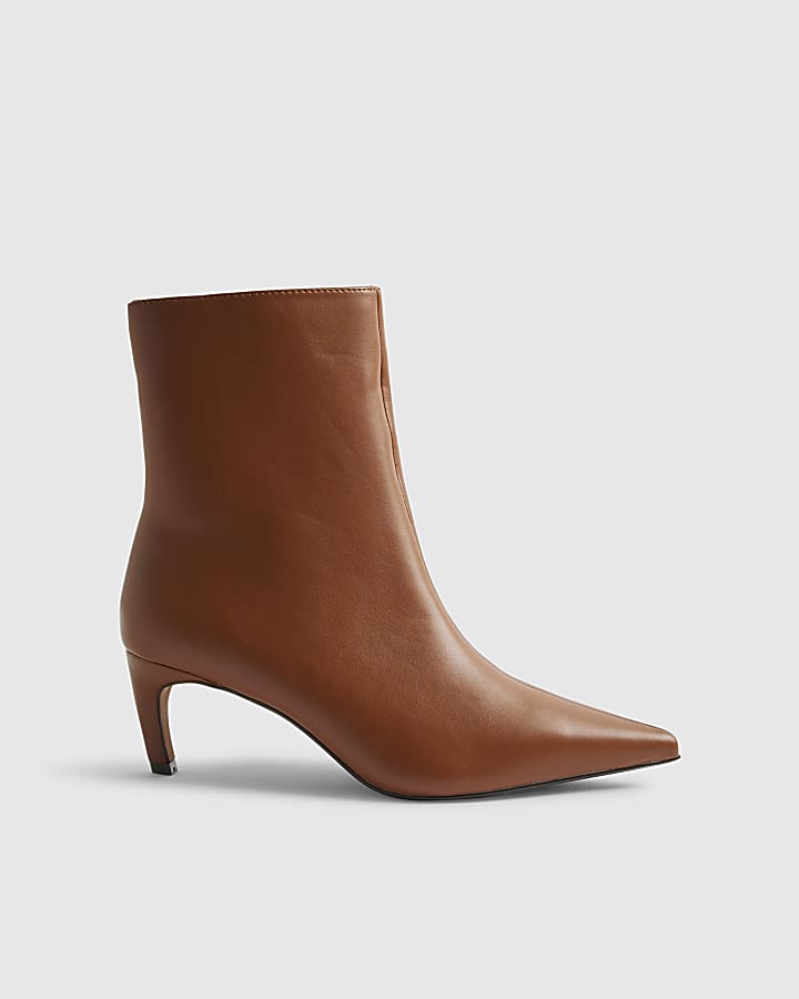 Brown Point Toe Kitten Heel Boots