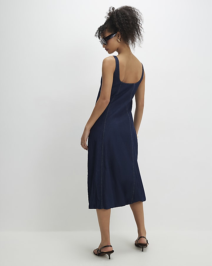 Blue Denim Bubble Hem Midi Dress