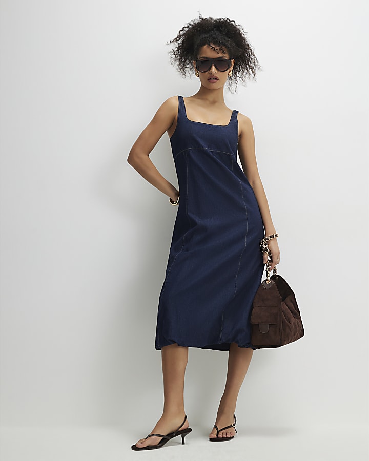 Blue Denim Bubble Hem Midi Dress