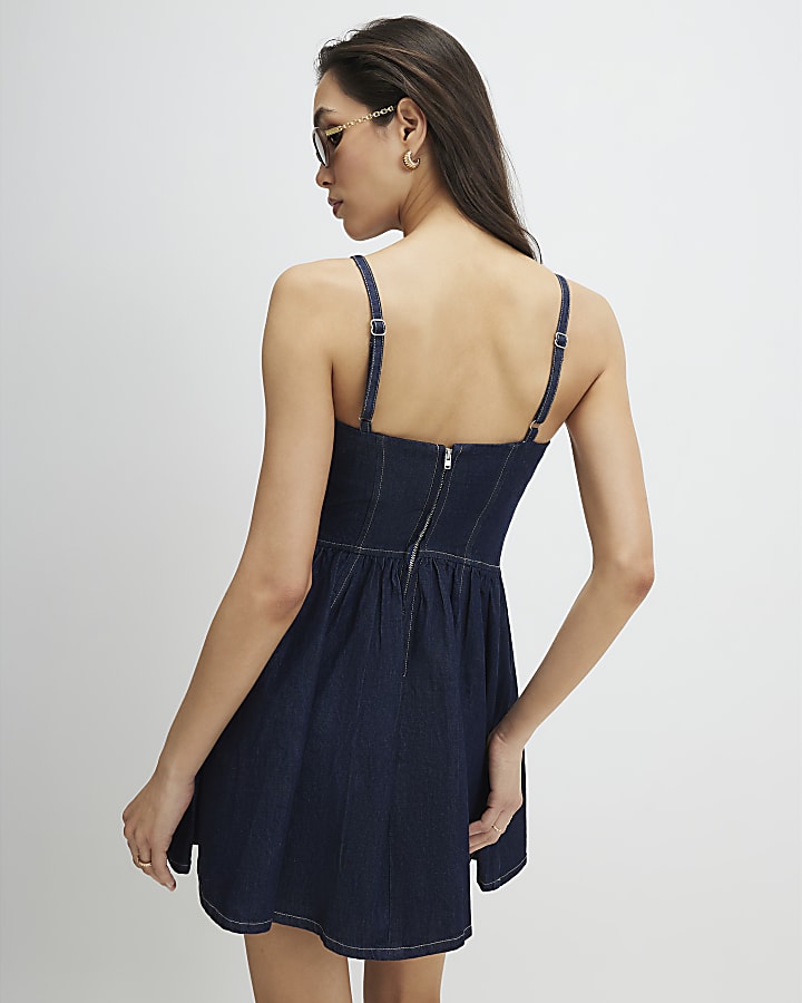 Blue Corset Detail Denim Mini Dress