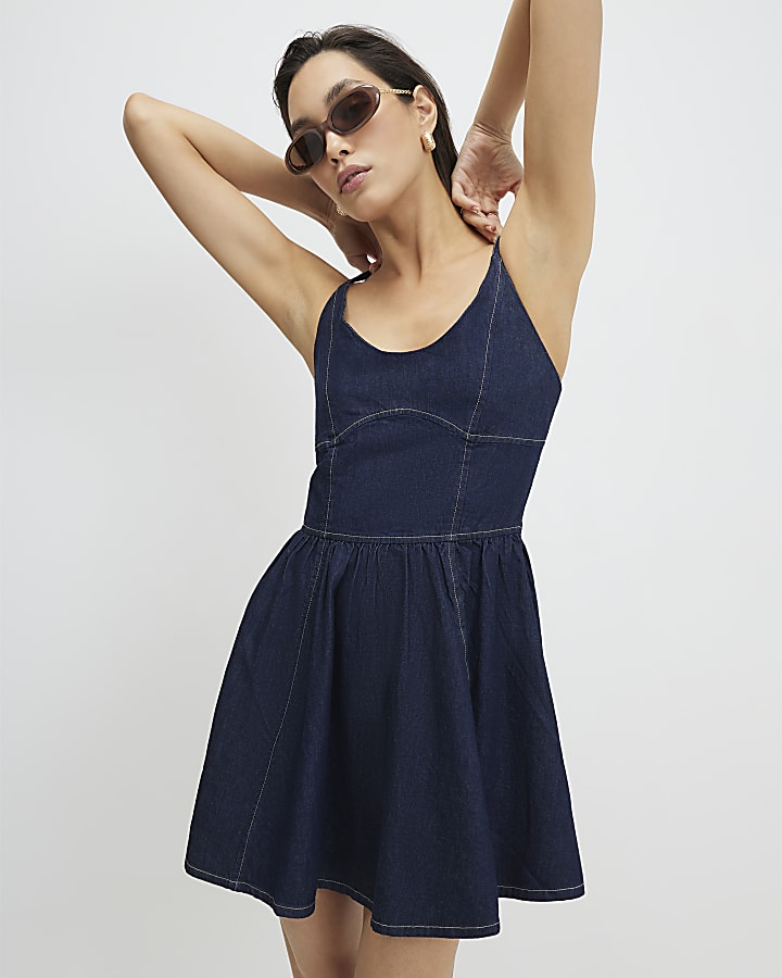 Blue Corset Detail Denim Mini Dress
