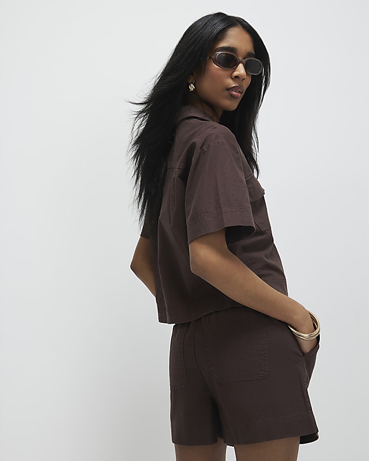 Brown Linen Blend Boxy Shirt