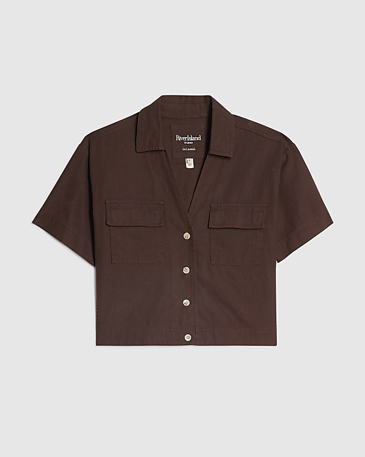 Brown Linen Blend Boxy Shirt