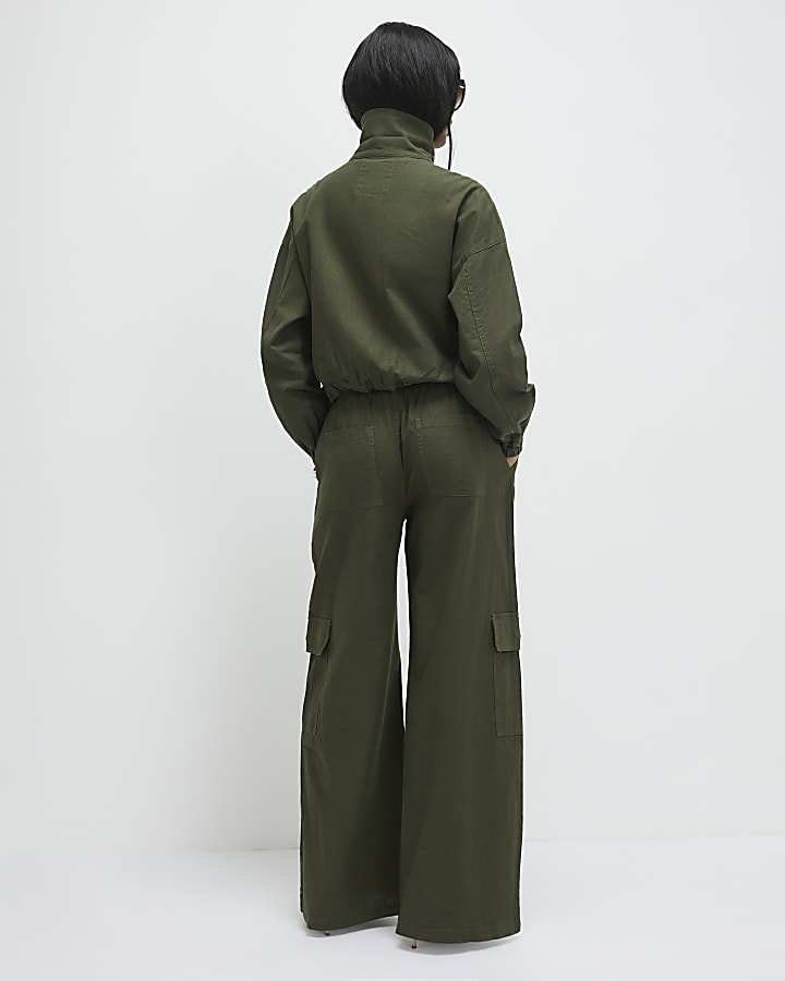Green Linen Blend Cargo Trousers