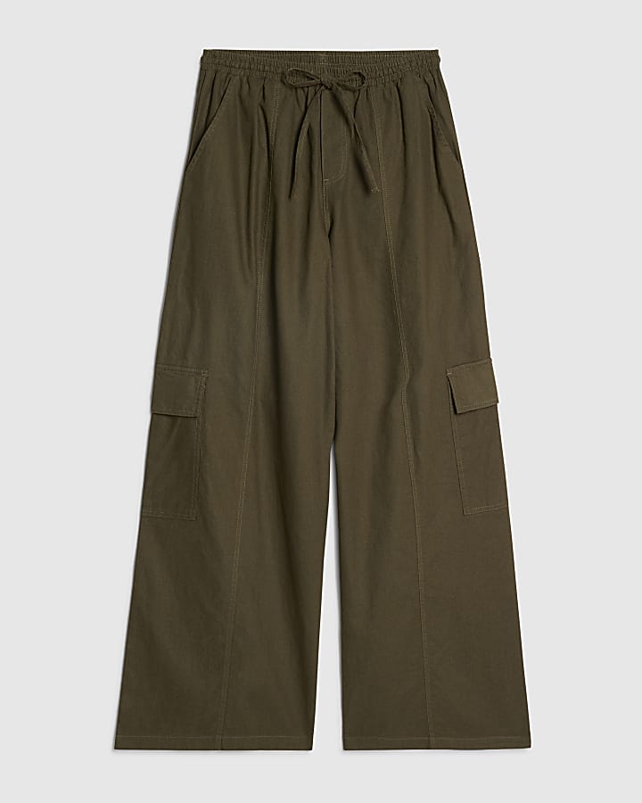 Green Linen Blend Cargo Trousers