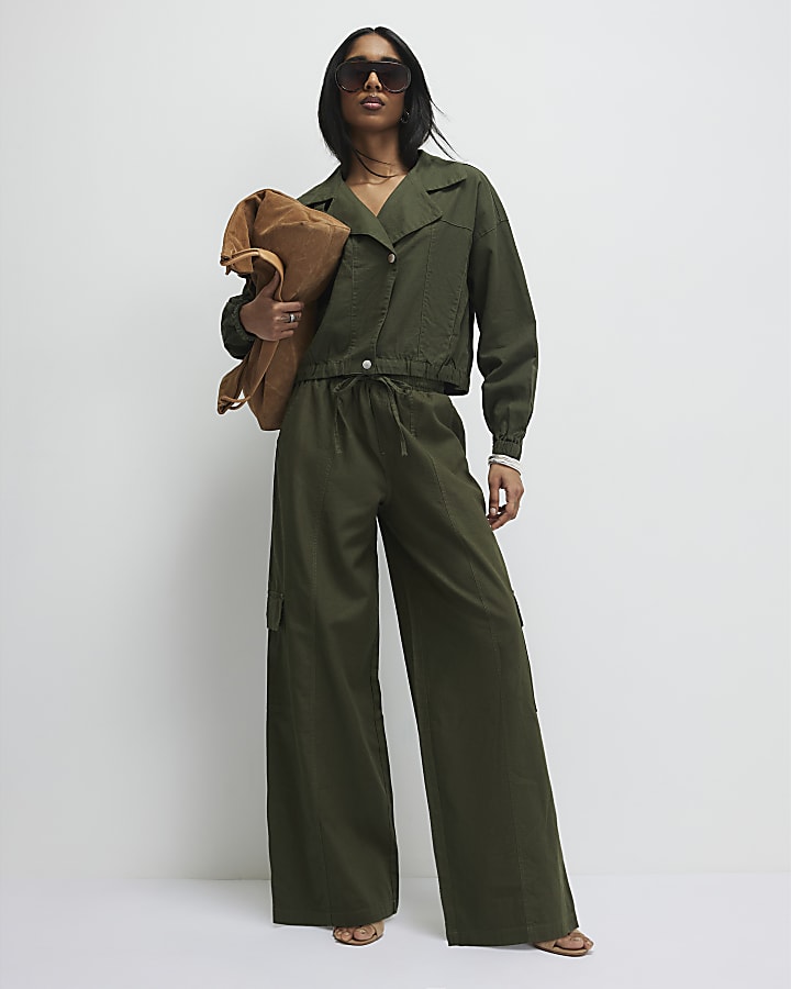 Green Linen Blend Cargo Trousers