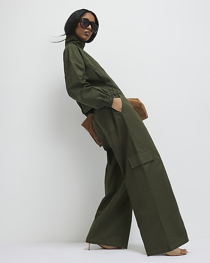 Green Linen Blend Cargo Trousers