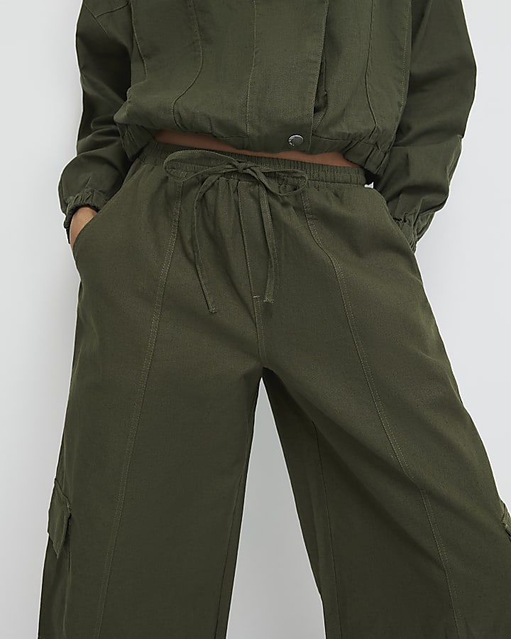 Green Linen Blend Cargo Trousers