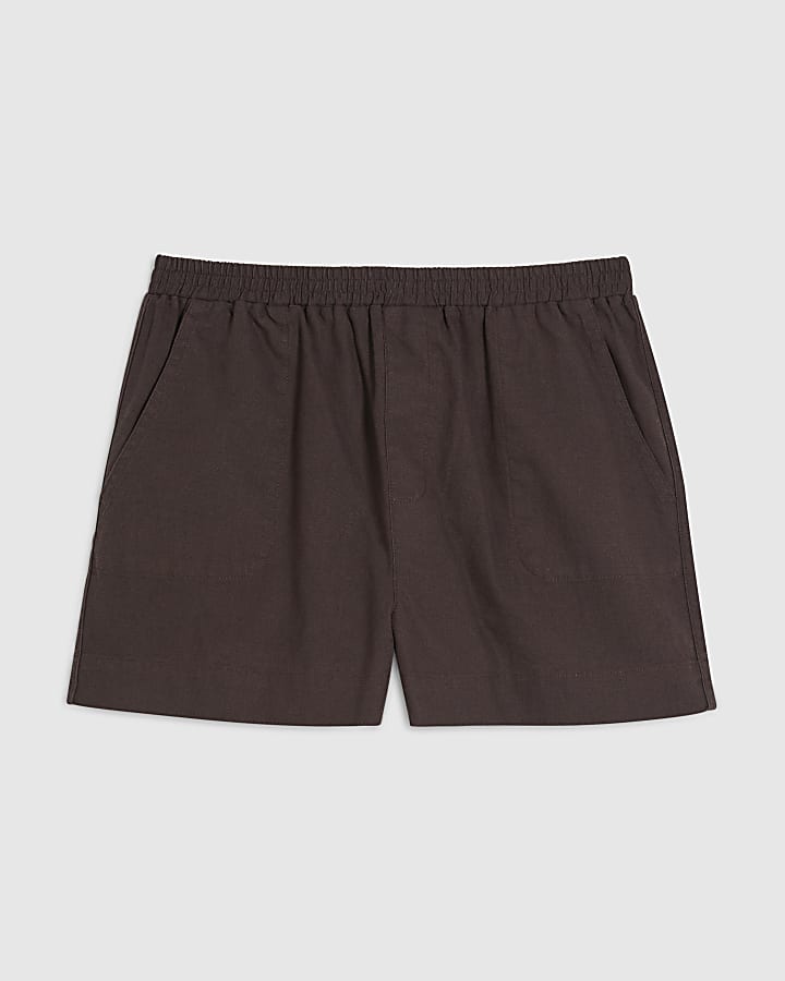 Brown Linen Blend Pull On Shorts