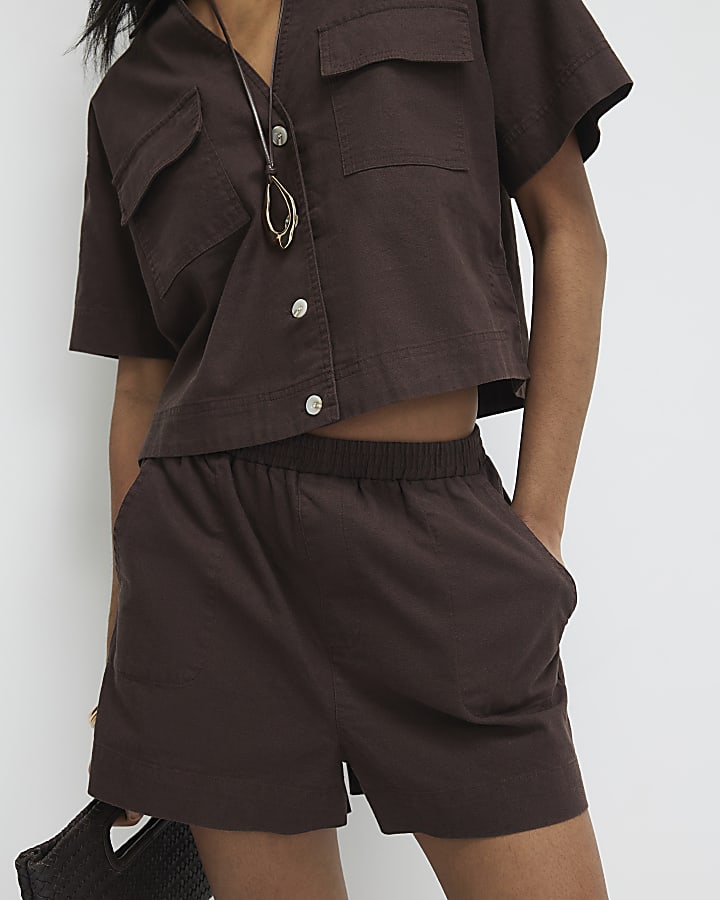 Brown Linen Blend Pull On Shorts