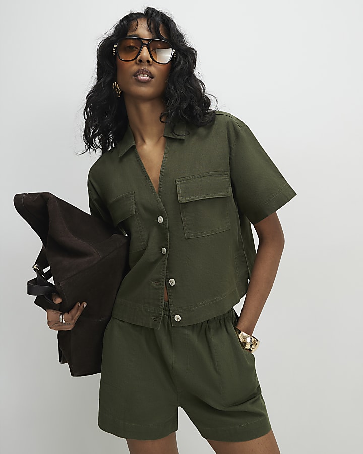 Green Linen Blend Boxy Shirt