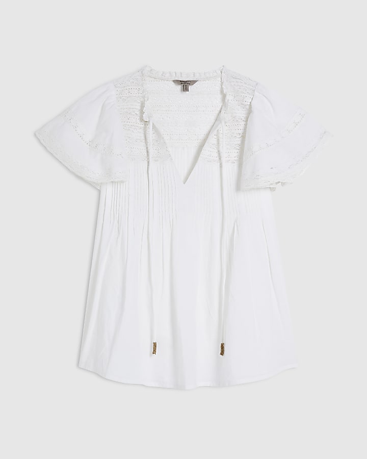 White Ruffle Sleeve Lace Blouse