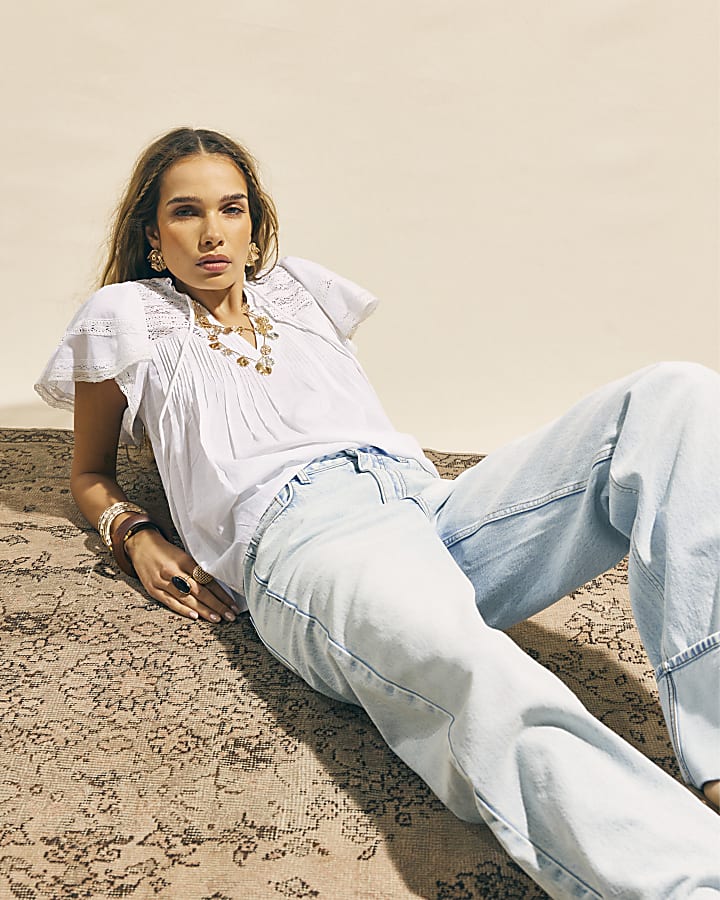 White Ruffle Sleeve Lace Blouse