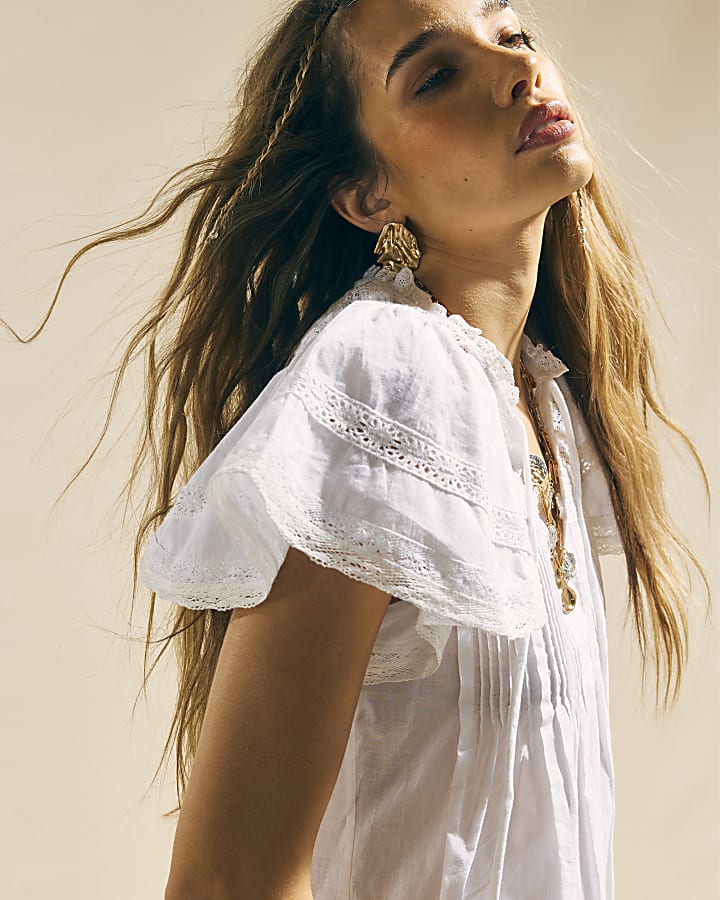 White Ruffle Sleeve Lace Blouse