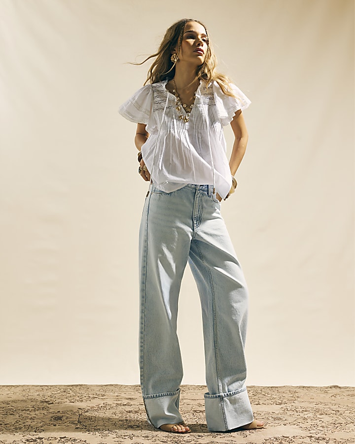 White Ruffle Sleeve Lace Blouse