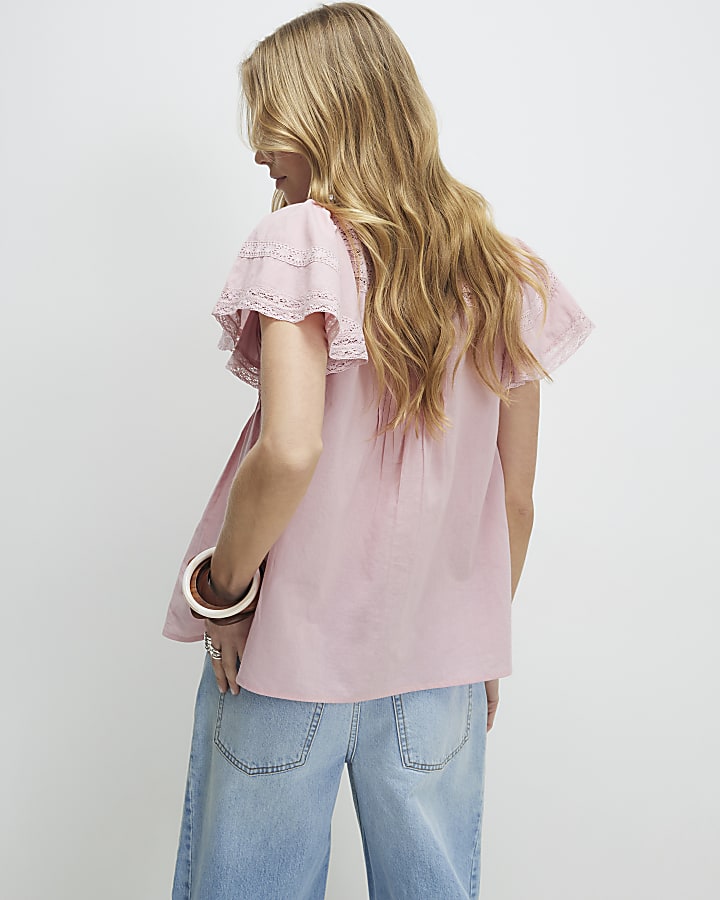 Pink Ruffle Sleeve Lace Blouse